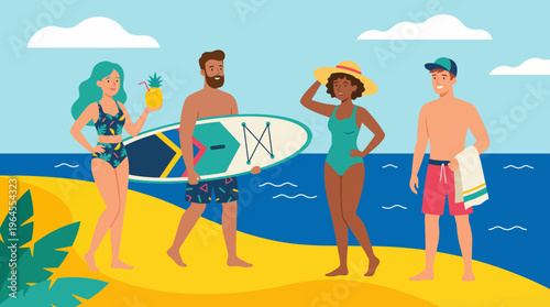 A joyful gathering of friends on a sunny beach day, featuring colorful swimwear and beach gear, representing fun, togetherness, and the enjoyment of summer outdoors.