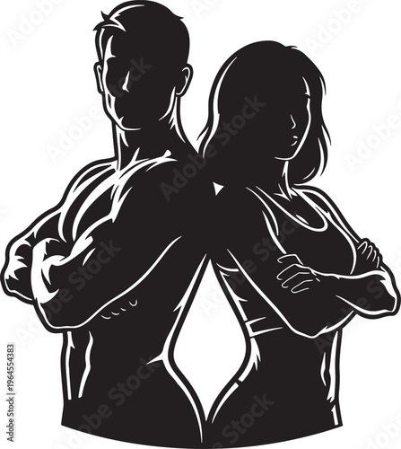 Confident couple, strong silhouettes, back to back, black and white vector, partnership illustration