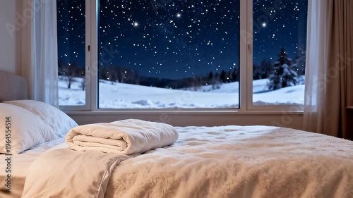 Bedroom view of snowy night sky