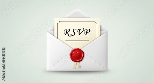 Elegant RSVP Invitation in White Envelope with Red Wax Seal.