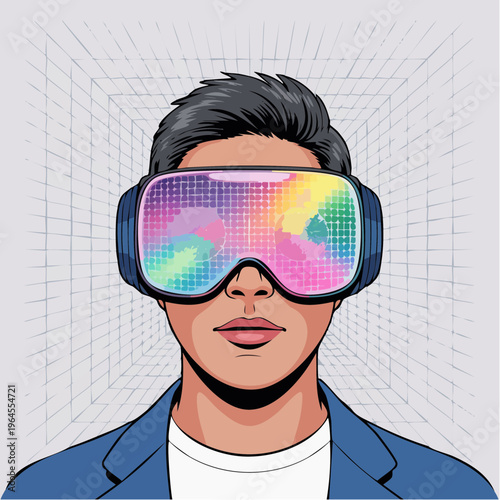 Pop Art Illustration of Man in VR Headset with Colorful Screen