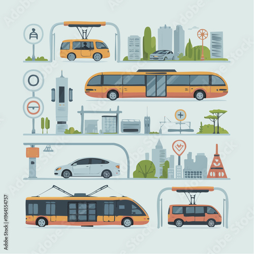 Public Transportation and Smart City Mobility Flat Illustration