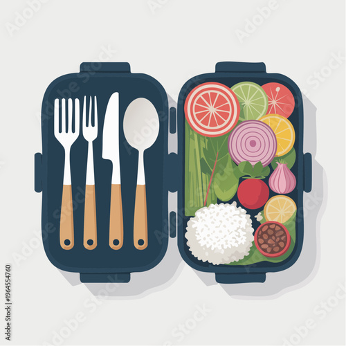 Healthy Bento Box Illustration with Fresh Vegetables and Cutlery