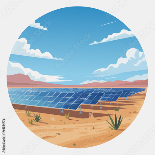 Solar Panel Farm in Sunny Desert Landscape Illustration