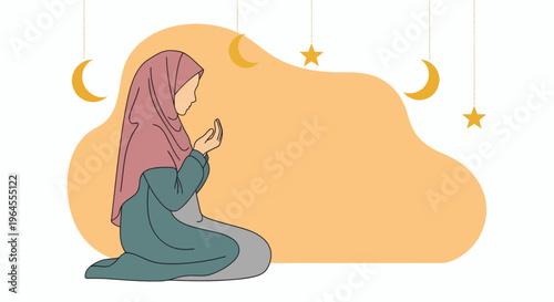 Vector illustration of a tranquil Muslim woman in hijab, kneeling in prayer with hands raised, embodying peace and devotion in a spiritual setting
