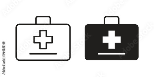 First aid kit icons line and solid version, outline and filled vector design set
