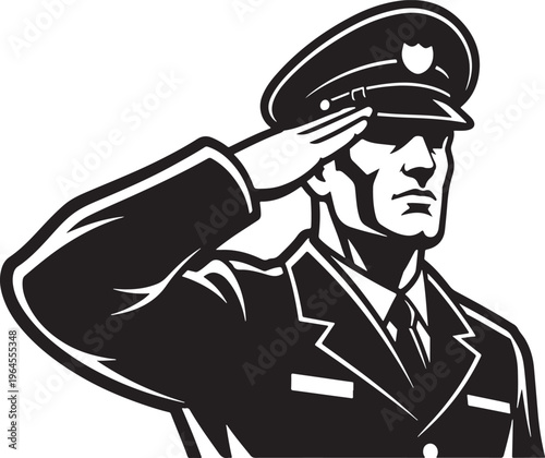 Police officer, military man, saluting, black and white, vector illustration, law enforcement, greeting
