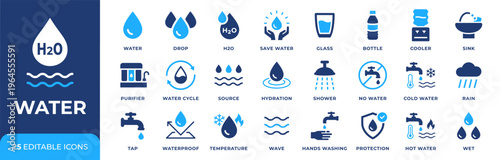 Water icon set. Drinking symbol. Hydration and H2O sign. Water glass, bottle, cooler, purifier and tap pictograms. Water temperature and rainy weather concepts. Pure clean drinkable water.