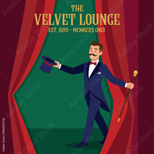 An artistic portrayal of an upscale lounge featuring a gentleman in formal attire, evoking sophistication and a sense of exclusivity from its vintage design.