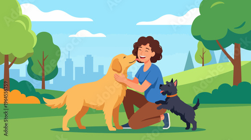 A joyful woman enjoys playtime with two adorable dogs in a beautiful park, symbolizing the happiness, companionship, and bond shared between humans and their pets.