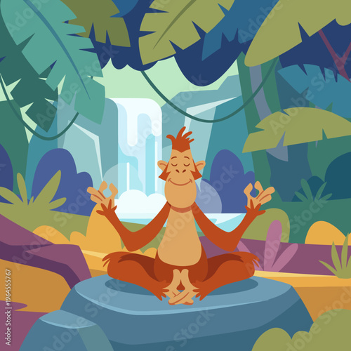 An adorable animated orangutan meditating peacefully in a lush jungle, embodying tranquility and harmony with nature, promoting mindfulness and inner peace.