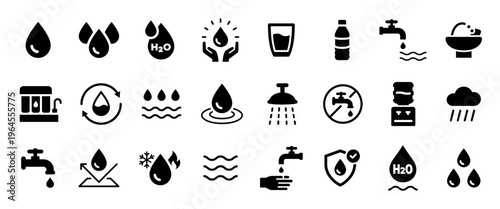 Water filled icon set. Drinking symbol. Hydration and H2O sign. Water glass, bottle, cooler, purifier black pictograms. Water temperature and rainy weather concepts. Pure clean drinkable water.