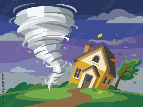 A fierce tornado looms over a quaint yellow house, symbolizing the powerful forces of nature and the need for safety and resilience in challenging weather events.