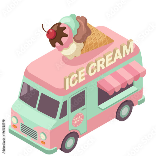 This charming ice cream truck features a fun design, topped with a delicious ice cream cone adorned with a cherry, perfect for summer gatherings and dessert lovers.