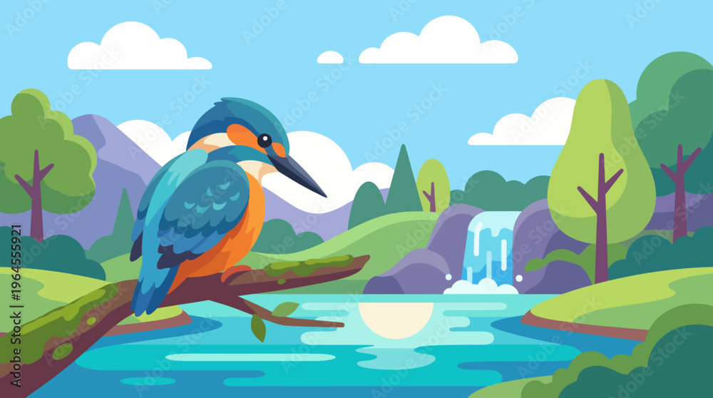 Naklejka premium A beautiful illustration showcases a vibrant kingfisher perched on a branch, overlooking a serene river and lush greenery, capturing the essence of nature's beauty and tranquility.
