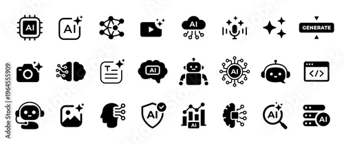 AI icon set. Artificial intelligence black symbol. AI generated video, photo, image, sound and voice signs. Neural network and machine learning glyph. AI assistant and chatbot. Generative tool icon.