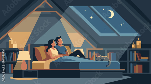 Illustration of a couple relaxing in bed under the stars, capturing a serene moment with soft colors and a cozy ambiance, evoking feelings of warmth, love, and tranquility.