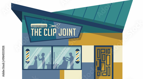 The Clip Joint barbershop showcases its welcoming exterior, featuring playful patterns and large windows to attract customers seeking a stylish haircut experience.