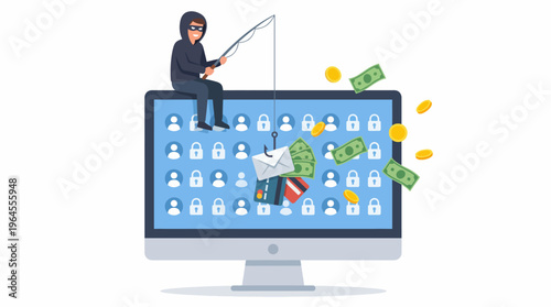 A digital illustration depicting a hacker attempting phishing attacks on users, symbolizing the importance of cybersecurity awareness and protecting personal information online.