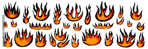 Fire hand icon with grunge flame drawn for crayon doodle grill.