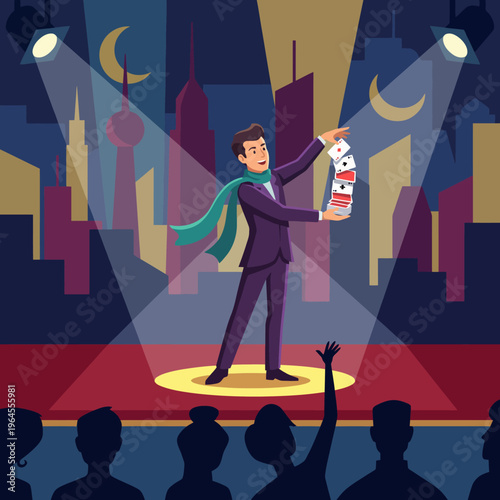 An engaging magician performs impressive card tricks on stage under dramatic lighting, captivating an audience with his charm and theatrical flair amidst a city skyline.