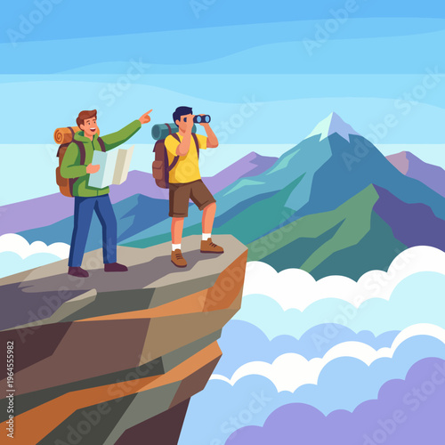 Two hikers stand at a scenic mountain viewpoint, symbolizing exploration and adventure while celebrating the beauty of nature and the thrill of discovery in vast landscapes.