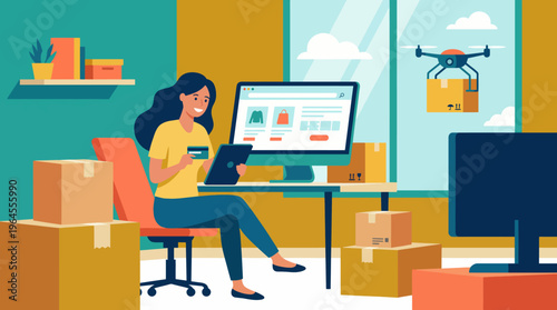 A woman enjoys online shopping at her computer while awaiting a delivery by drone, illustrating the convenience and excitement of e-commerce in modern life.