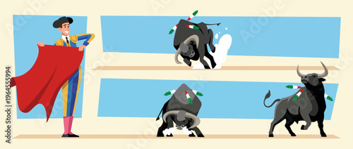 A dramatic depiction of a matador performing in a bullfighting arena, showcasing the traditional Spanish art form filled with tension, energy, and cultural significance.