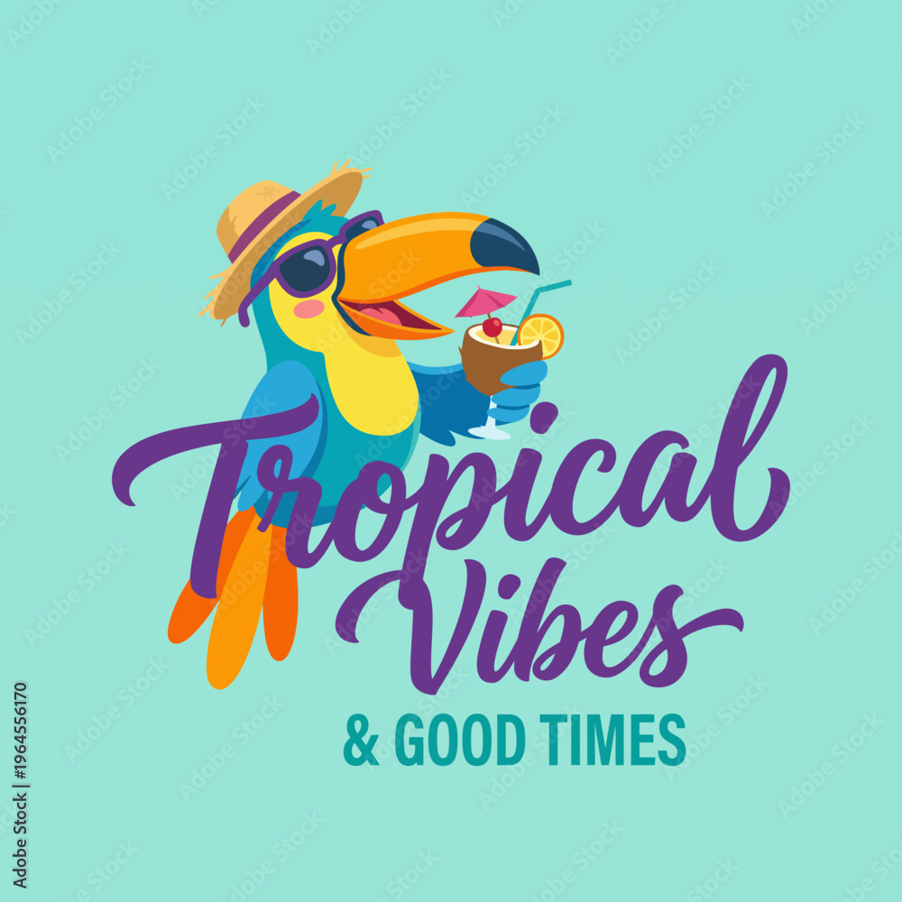 Naklejka premium A vibrant illustration of a toucan wearing sunglasses and a straw hat, enjoying a tropical drink, capturing the essence of summer and fun vibes.