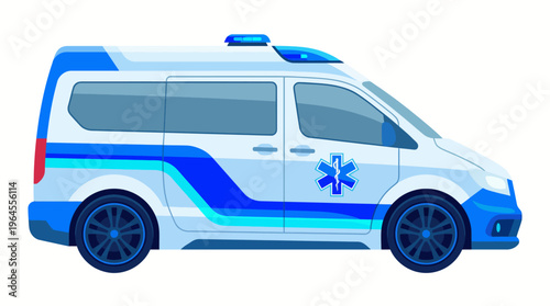 A side view of a stylized emergency medical service van, featuring blue lights, a sleek design, and an emblem indicating its medical role in providing urgent aid and support.