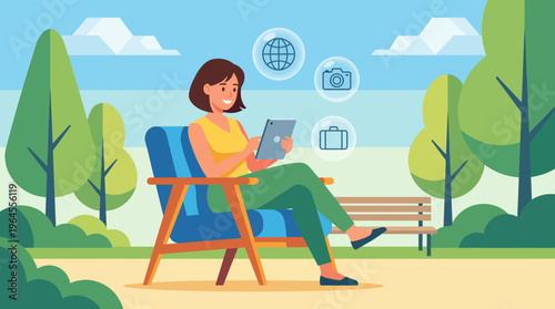 A happy woman sits in a park on a beautiful day, enjoying her tablet while surrounded by nature, symbolizing leisure and the harmony between technology and the outdoors.