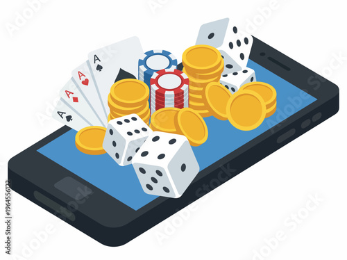 A creative representation of mobile gaming, showcasing poker cards, dice, and chips on a smartphone, highlighting the fusion of technology and entertainment in a modern lifestyle.