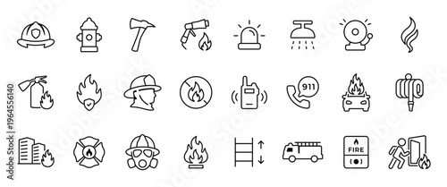 Firefighter line icon set. Fireman, extinguisher and hydrant symbols. Fire hazard, emergency 911 call and fire alarm signs. Smoke, fire exit and sprinkler pictograms. Firefighting equipment outlines.