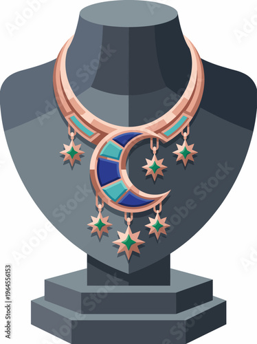 An elegant necklace featuring a moon and star design, beautifully displayed; symbolizing elegance and style, suitable for accessorizing with any outfit.