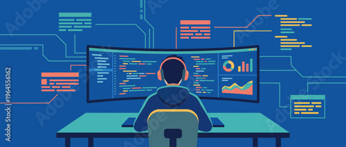 An engaging portrayal of a programmer working diligently at a modern multi-screen computer setup, surrounded by codes and analytics, emphasizing focus and technology.