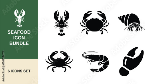Seafood icon bundle set, ocean food symbols, marine life collection, restaurant icons, cooking graphics, crab icons, shrimp icons.