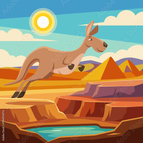 A kangaroo gracefully leaps across a colorful desert landscape, showcasing agility and the unique charm of Australian fauna amidst striking natural elements.