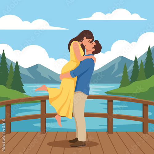 A heartwarming image captures a couple embracing on a lakeside deck, surrounded by breathtaking mountains and a tranquil water backdrop, showcasing love and joy.