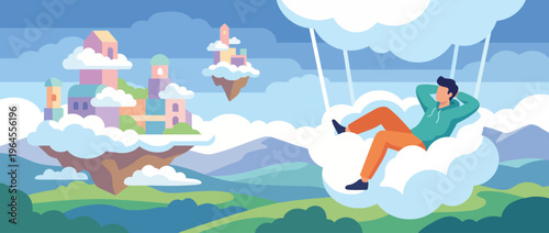A serene illustration depicting a person lounging in clouds with a dreamlike town floating above, encapsulating calmness, imagination, and tranquility in a beautiful landscape.