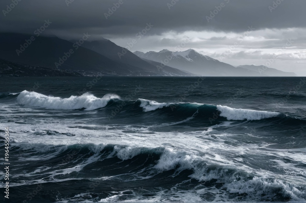 Fototapeta premium Dramatic landscape of stormy winter sea and snow-capped mountains