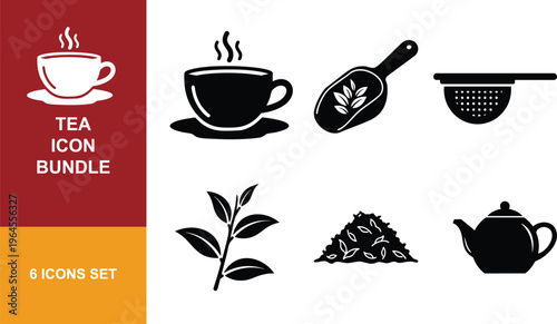 Tea icon bundle collection of hot beverage symbols for cafe and kitchen design elements.