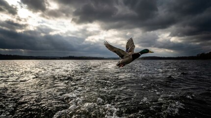Male mallard duck in dramatic mid-flight over rippling water with moody stormy clouds, dynamic wingspan, nature wildlife photography, serene yet powerful aquatic scene