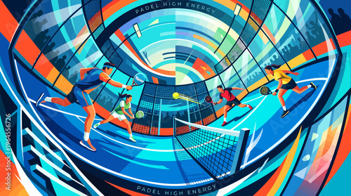 A dynamic, high-energy illustration of multiple players engaged in a fast-paced padel tennis match on a vibrant, abstract court.