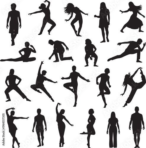 Black silhouette people, dancing figures, human poses, vector icons, 20 graphics