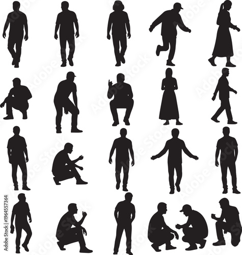 Black silhouettes of people, human figures, walking, running, sitting, standing, 20 vector icons