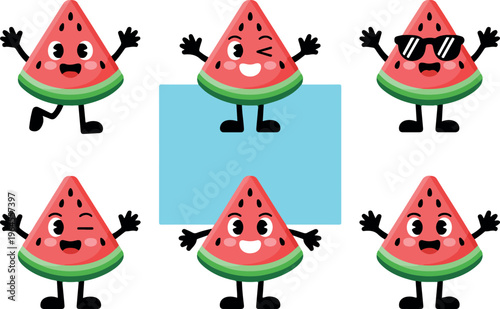 Cute watermelon slice character with funny face vector, smiling fruit cartoon illustration, summer food mascot design