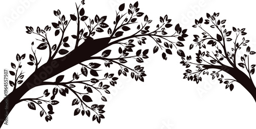 The image shows two stylized tree branches with leaves, presented as black silhouettes against a white background. They appear to be mirrored or symmetrical in design