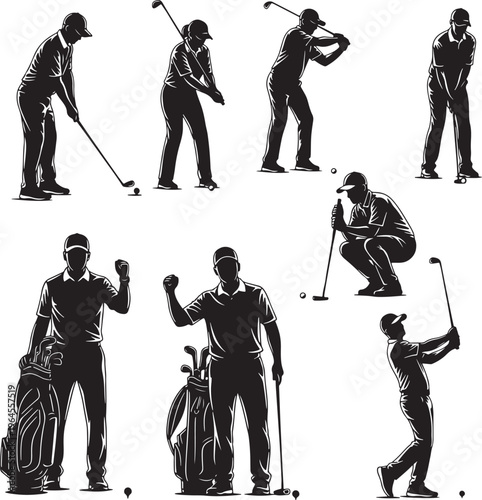 Golf, golfing, silhouette, icons, set, black, white, vector graphics, golf club, golf player, golfer, sports