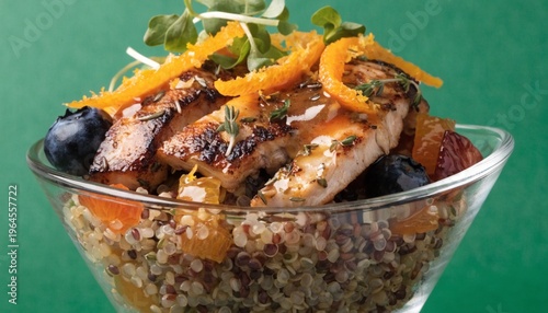 A delicious and healthy grilled chicken quinoa salad is presented in a clear bowl on a green background