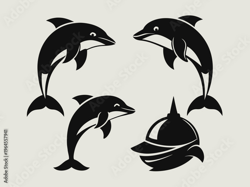 Four stylized black and white dolphins swimming in formation